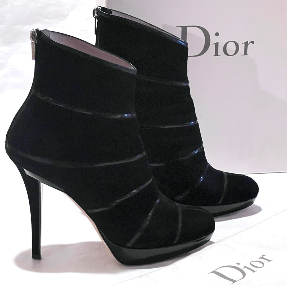 Dior Graphic Suede/Patent Leather Black Ankle Boots Size 40